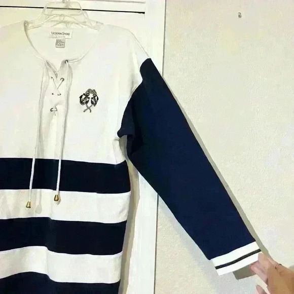 VICTORIA SPORT Vintage Sweater Top Sweatshirt Drawstring Striped Crest Classic - Picture 12 of 13